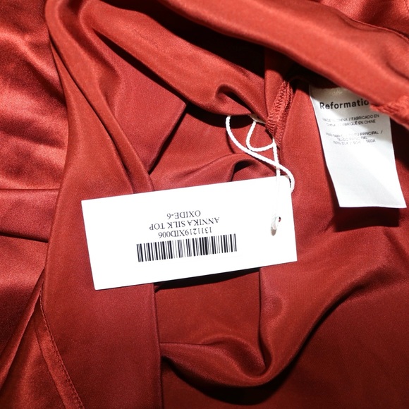 Reformation Annika Off-The-Shoulder Draped Silk-Charmeuse Top in Oxide - Picture 8 of 16